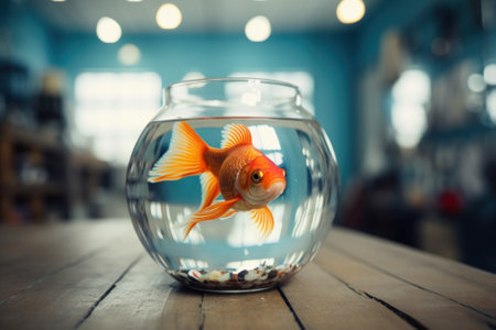 A goldfish in a glass bowl on a wooden table. Generative AI image.の素材