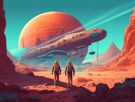 A couple of people standing in front of a spaceship. Generative AI image.の素材
