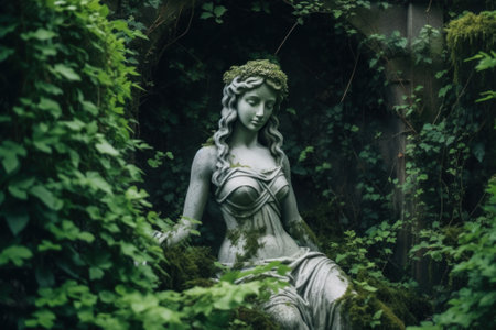 A statue of a woman sitting in a garden. Generative AI image.の素材