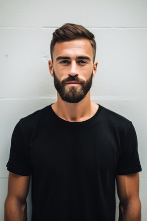 A man with a beard standing in front of a white wall. Generative AI image.の素材