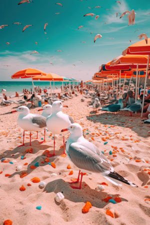 A flock of seagulls standing on a sandy beach. Generative AI image.の素材