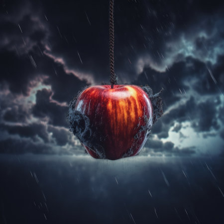 An apple hanging from a rope in the rain. Generative AI image.の素材