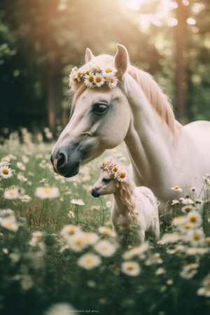 A white horse standing next to a baby horse in a field of flowers. Generative AI image.の素材