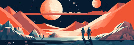 A couple of people standing on top of a mountain. Generative AI image.の素材