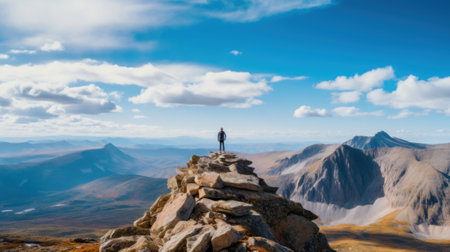 A person standing on top of a mountain. Generative AI image.の素材
