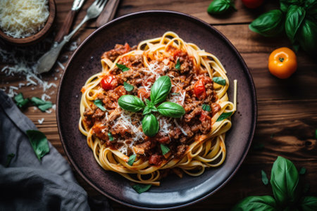 A plate of spaghetti with meat and tomatoes. Generative AI image.の素材
