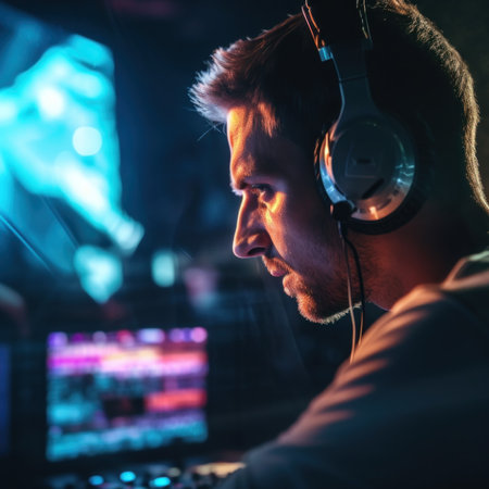 A man wearing headphones is using a laptop. Generative AI image.の素材