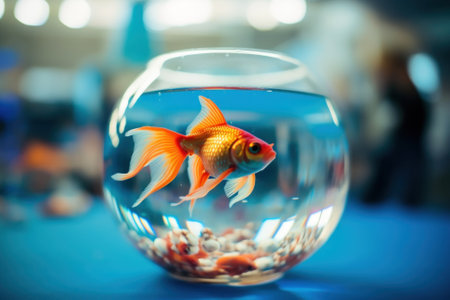 A goldfish in a fish bowl on a table. Generative AI image.の素材