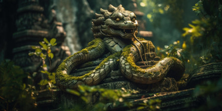 A statue of a snake in the middle of a forest. Generative AI image.の素材