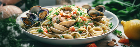 A bowl of pasta with clams and tomatoes. Generative AI image.の素材