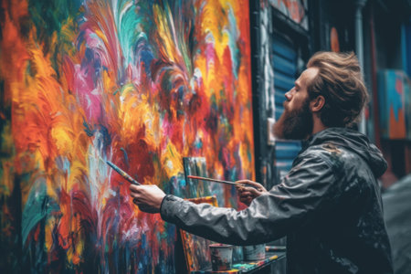 A man with a beard painting on a wall. Generative AI image.の素材