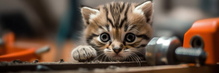 A small kitten is playing with a toy. Generative AI image.の素材