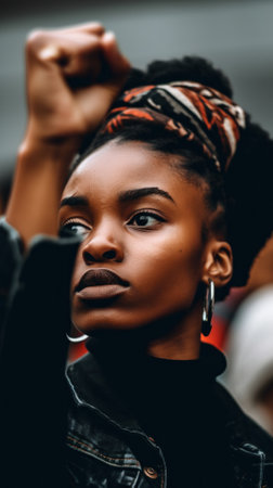 A woman with a black lip and a black jacket. Generative AI image.の素材