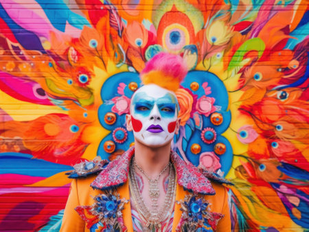 A woman in a colorful costume stands in front of a painted wall. Generative AI image.の素材