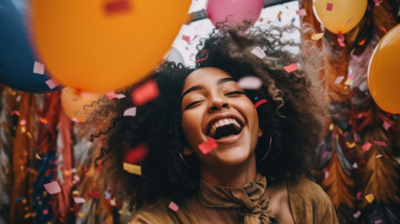 A woman with curly hair is laughing surrounded by balloons and confetti. Generative AI image.の素材