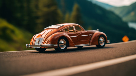 A toy car is on the side of the road. Generative AI image.の素材