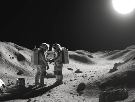 A couple of people standing on top of a moon. Generative AI image.の素材