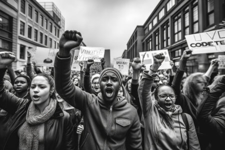 A group of people holding signs in the air. Generative AI image.の写真素材 ...