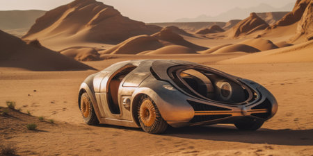A futuristic car in the middle of a desert. Generative AI image.の素材
