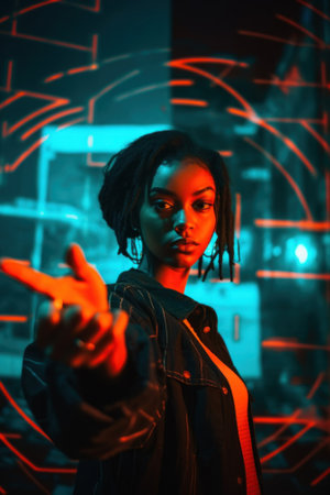 A woman with dreadlocks pointing at the camera. Generative AI image.の素材