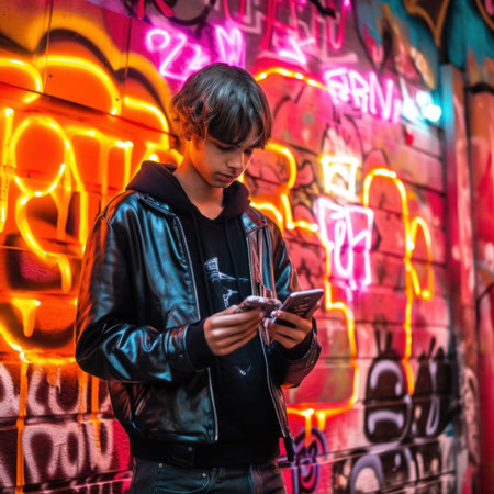 A young man standing in front of a wall covered in graffiti. Generative AI image.の素材