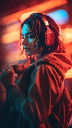 A woman with headphones on looking at her phone. Generative AI image.の素材