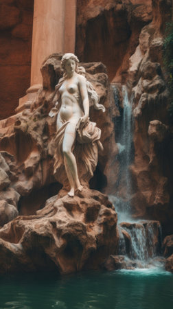 A statue of a woman sitting on a rock next to a waterfall. Generative AI image.の素材