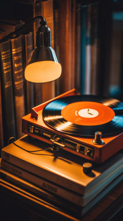 A record player sitting on top of a stack of books. Generative AI image.の素材