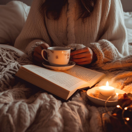 A woman sitting on a bed reading a book and holding a cup of coffee. Generative AI image.の素材