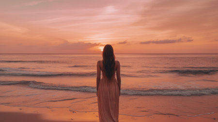 A woman standing on a beach at sunset. Generative AI image.の素材