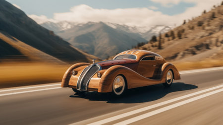 A wooden car driving down a road with mountains in the background. Generative AI image.の素材