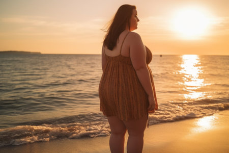 A woman standing on a beach at sunset. Generative AI image.の素材