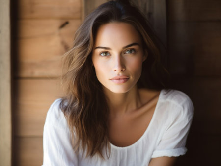 A beautiful young woman sitting in front of a wooden wall. Generative AI image.の素材