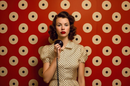 A woman in a polka dot dress holding a telephone. Generative AI image.の素材