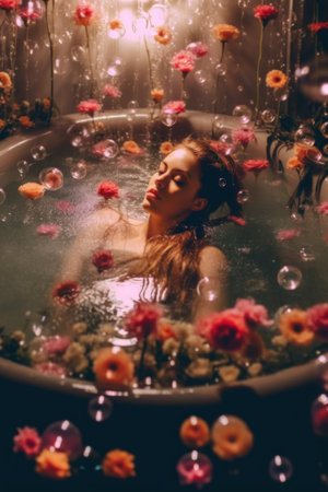 A woman laying in a bath filled with flowers. Generative AI image.の素材