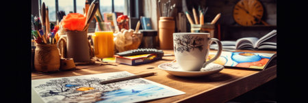 A coffee cup sitting on top of a wooden table. Generative AI image.の素材