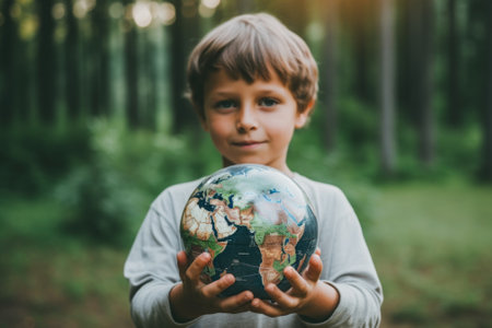 A young boy holding a globe in his hands. Generative AI image.の素材