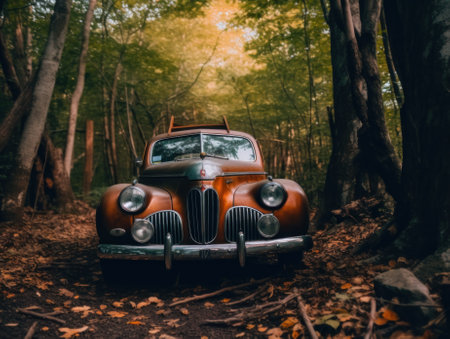An old car is parked in the woods. Generative AI image.の素材