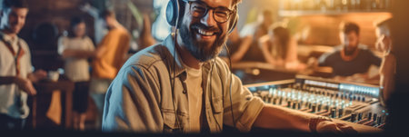 A man with headphones and a beard is smiling. Generative AI image.の素材