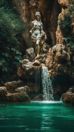 A statue of a woman sitting on a rock next to a waterfall. Generative AI image.の素材