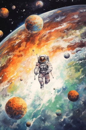 A painting of an astronaut in outer space. Generative AI image.の素材
