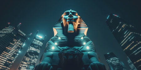 A statue of an egyptian pharaoh in a city at night. Generative AI image.の素材