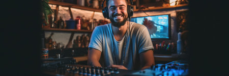A man with headphones is sitting at a djs desk. Generative AI image.の素材