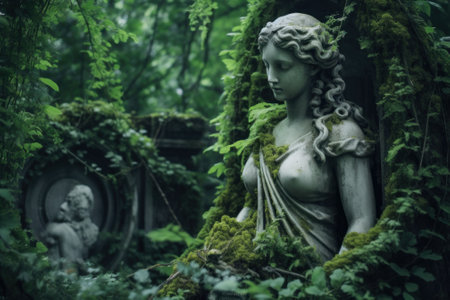 A statue of a woman surrounded by greenery. Generative AI image.の素材