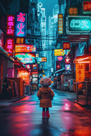 A little robot standing in the middle of a city street. Generative AI image.の素材