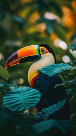 A colorful bird sitting on top of a tree branch. Generative AI image.の素材