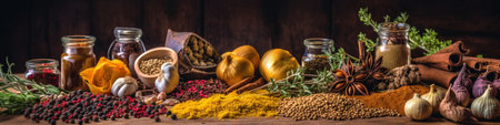 A variety of spices and herbs on a table. Generative AI image.の素材