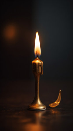 A lit candle sitting on top of a wooden table. Generative AI image.の素材