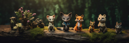 A group of toy foxes sitting on top of a lush green forest. Generative AI image.の素材