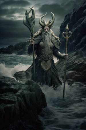 An image of a man with horns and a spear in the water. Generative AI image.の素材